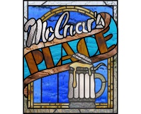 (image for) Beer mug, Molnar's place, custom stained glass pattern